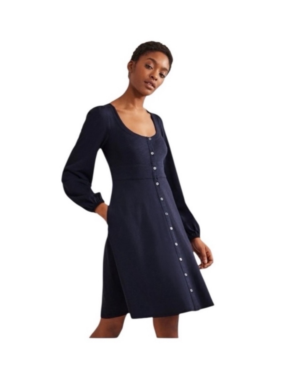Boden NWT navy Tencel blouson longsleeve Jersey button front casual dress size 8